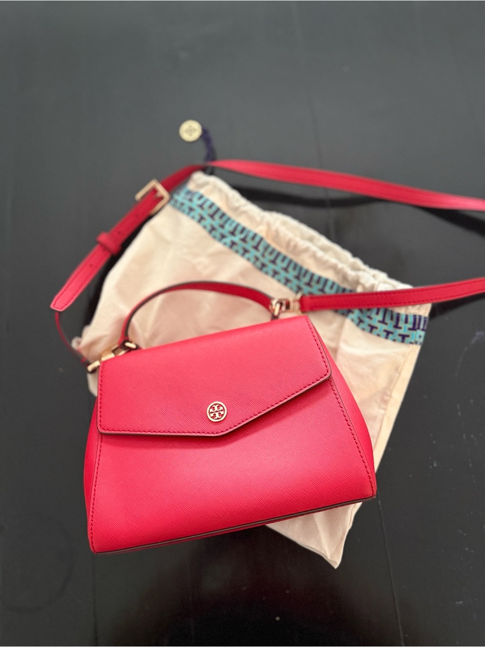 Tory Burch Red Leather Structured Top-Handle Satchel with Gold Hardware